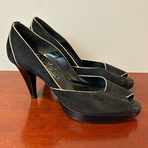 Alejandro Ingelmo Black Suede Peep Toe Heels Size 38.5 US 8.5